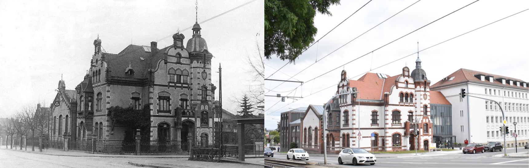 Vergleichendes Bild von der Frontansicht des Hauses. Links: schwarz-weiss, rechts aktuell in Farbe